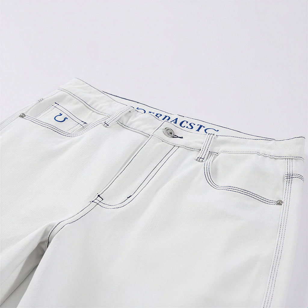 Men's Spring White Contrast Stitch Straight Denim Jeans