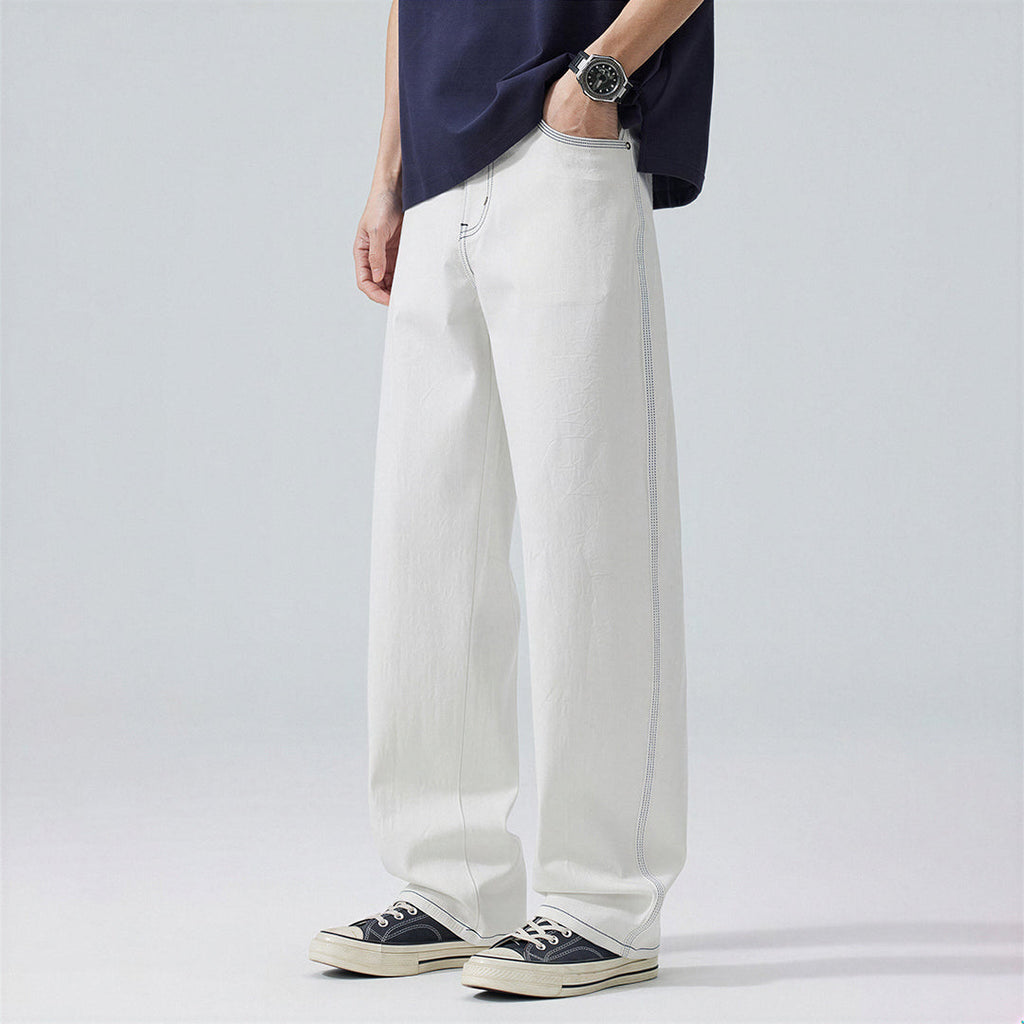 Men's Spring White Contrast Stitch Straight Denim Jeans