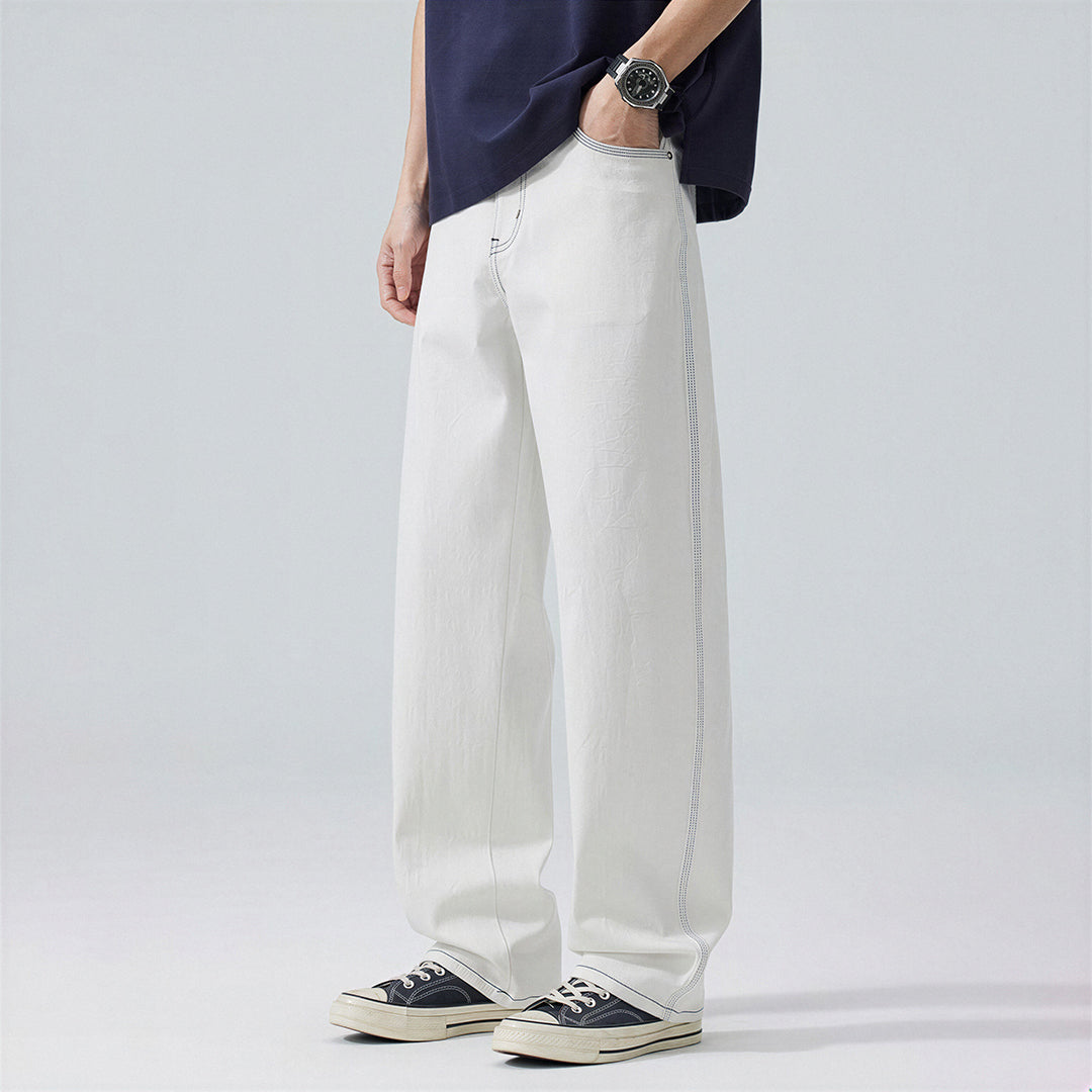 Men's Spring White Contrast Stitch Straight Denim Jeans