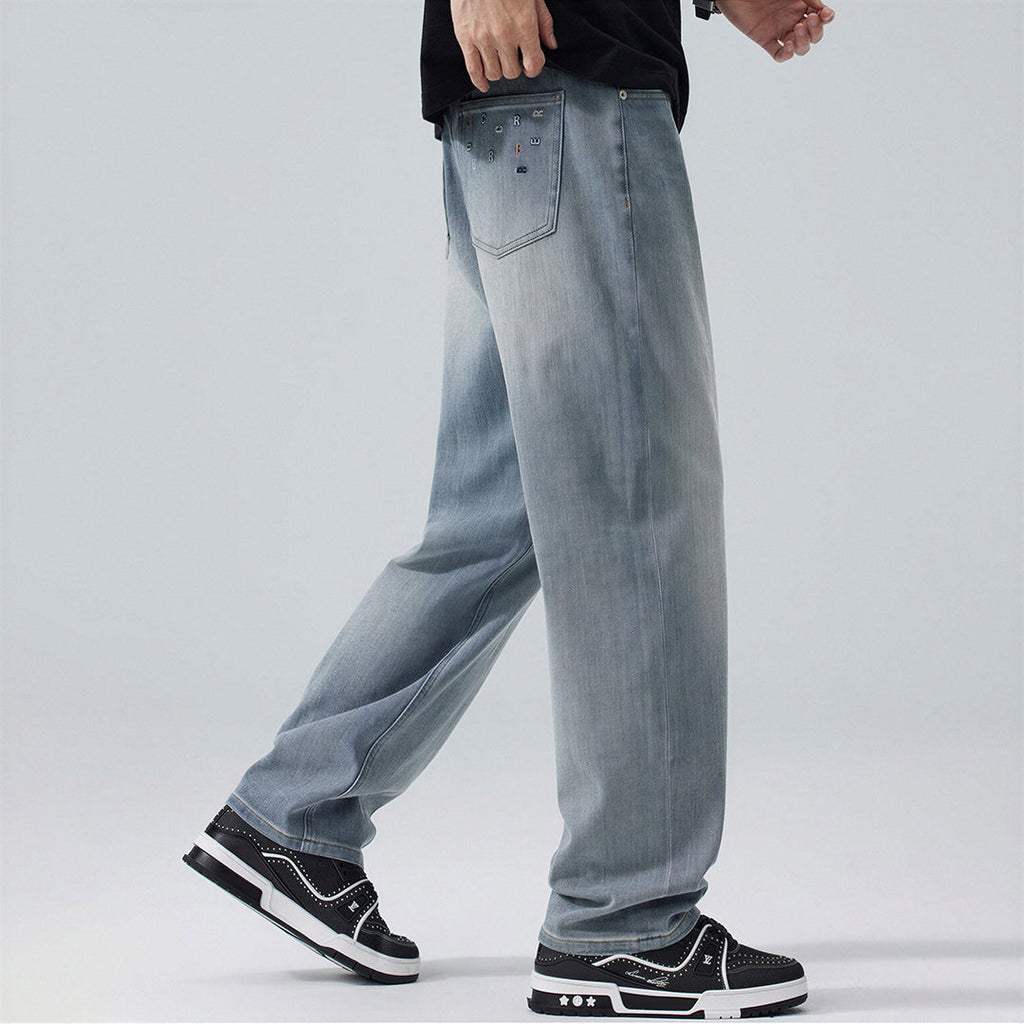 Men's Spring Light Blue Embroidered Straight Denim Jeans