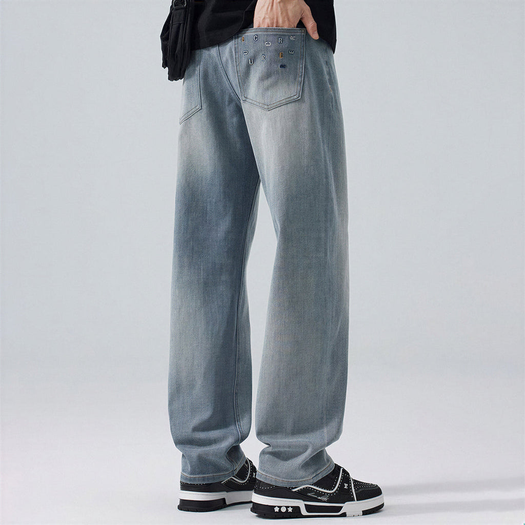 Men's Spring Light Blue Embroidered Straight Denim Jeans
