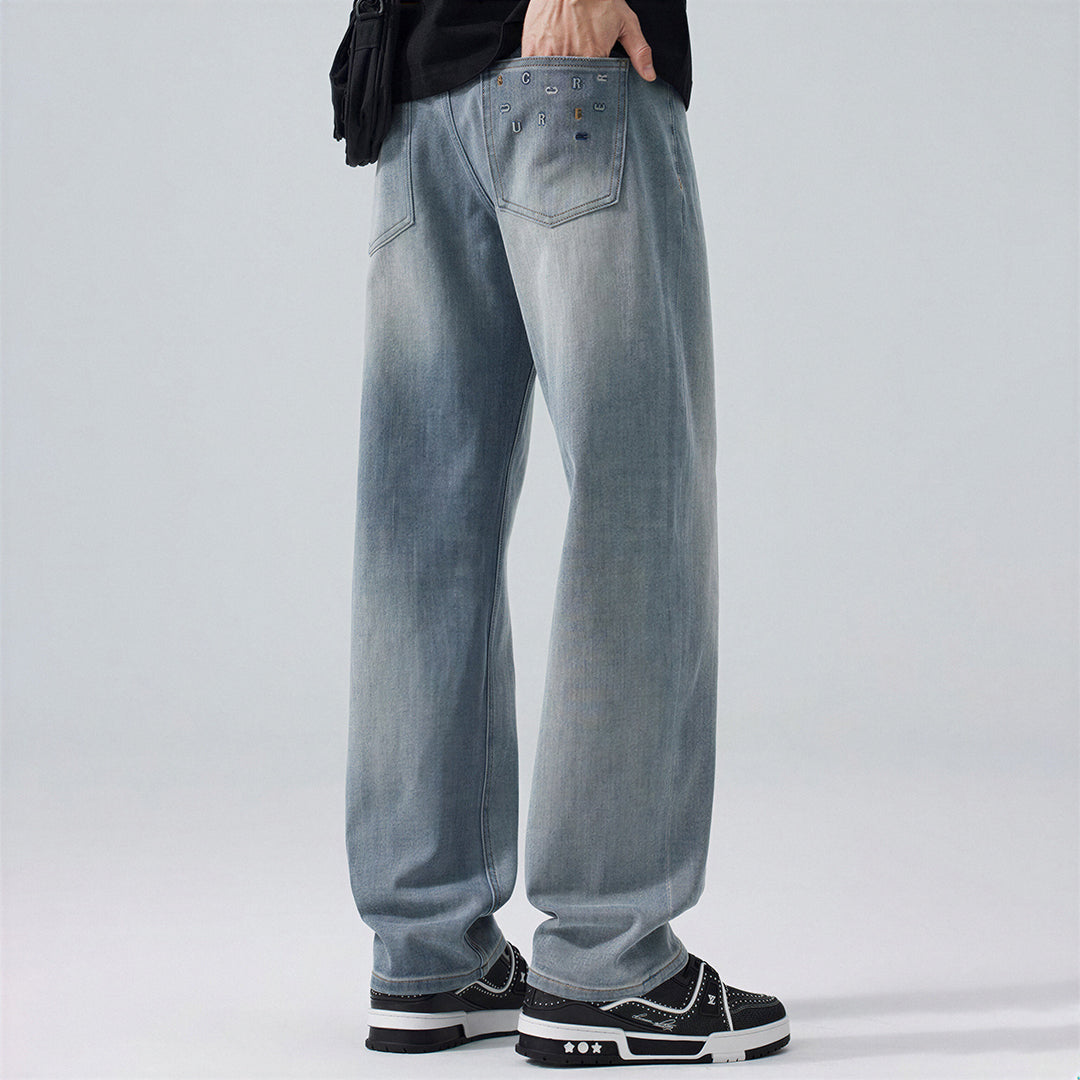 Men's Spring Light Blue Embroidered Straight Denim Jeans