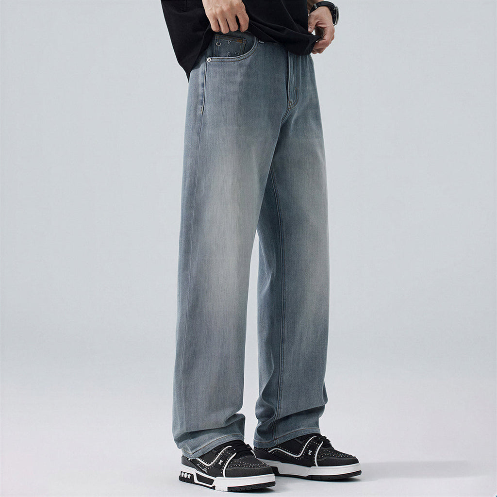 Men's Spring Light Blue Embroidered Straight Denim Jeans