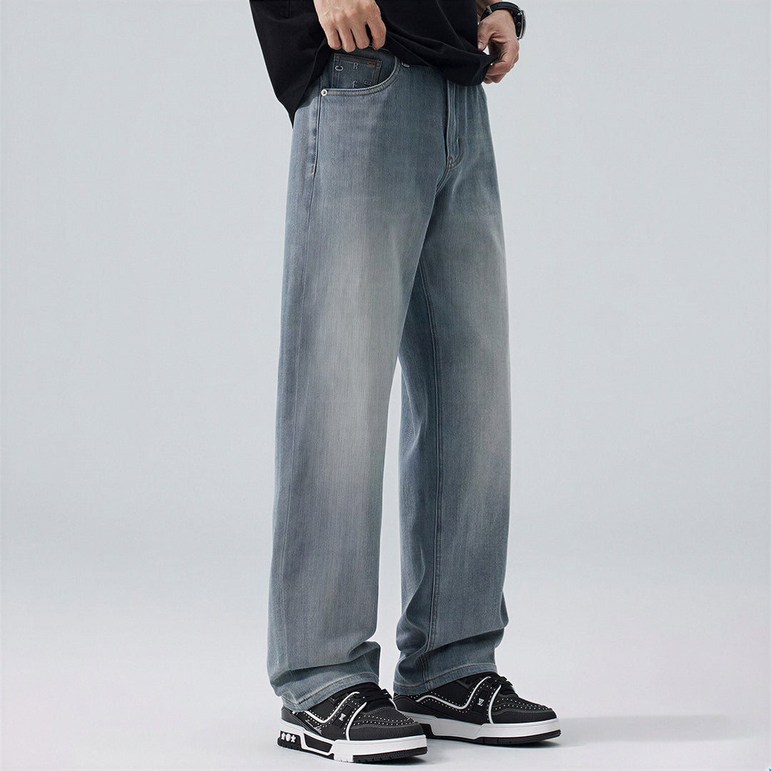 Men's Spring Light Blue Embroidered Straight Denim Jeans