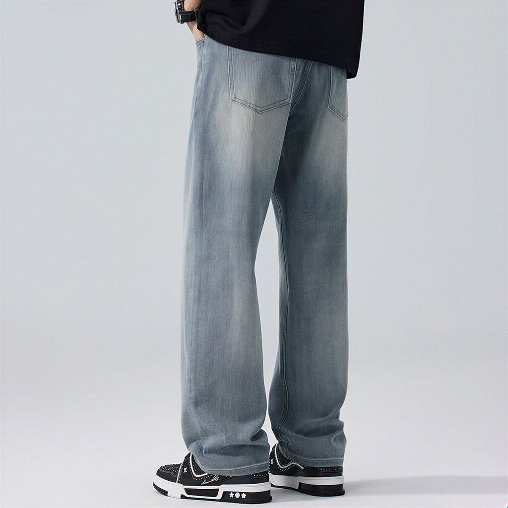Men's Spring Light Blue Embroidered Straight Denim Jeans
