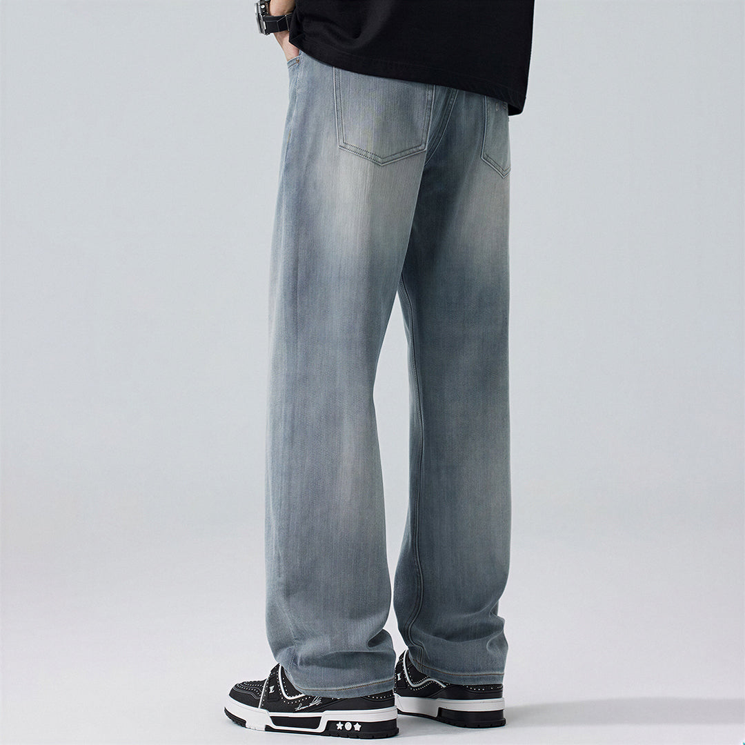Men's Spring Light Blue Embroidered Straight Denim Jeans