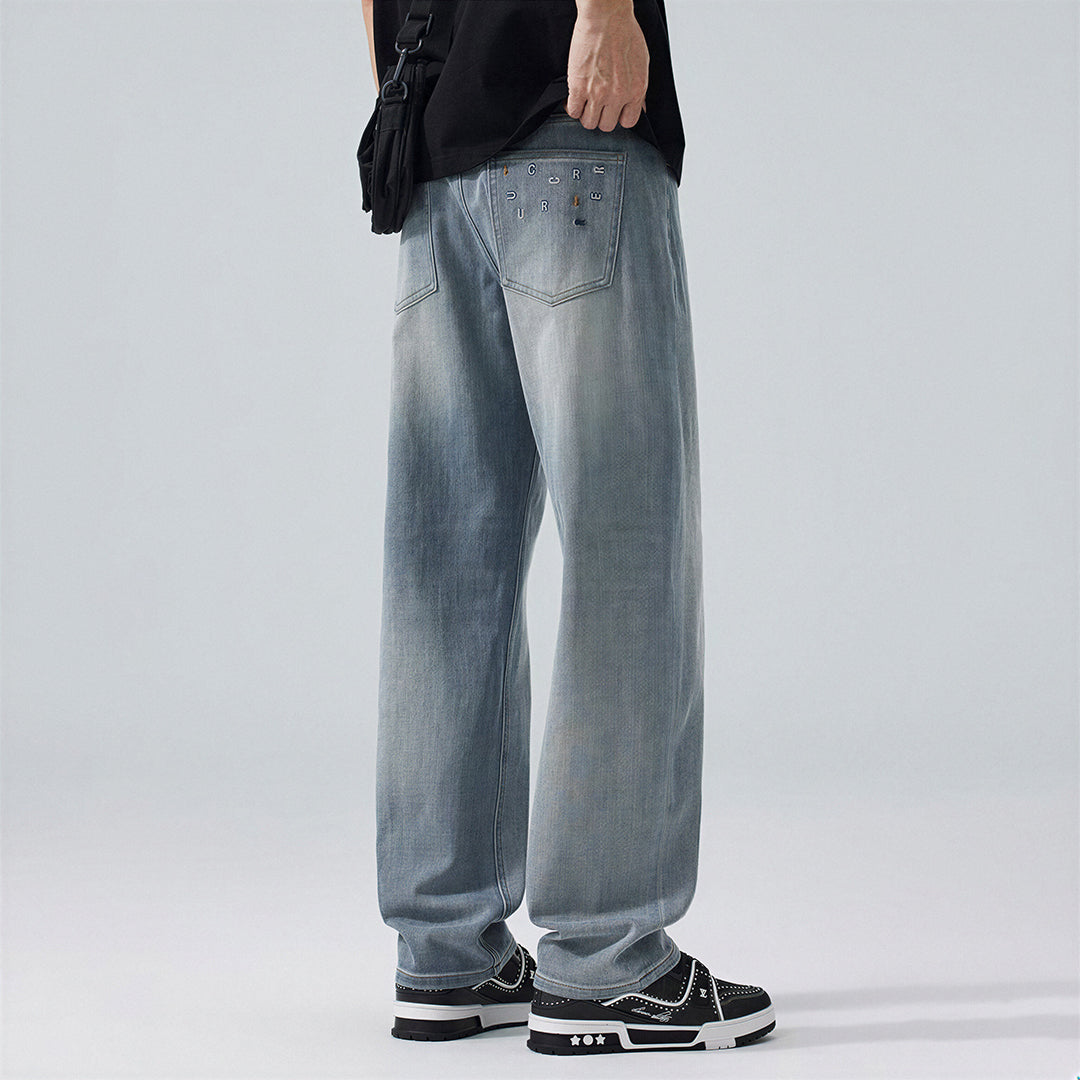 Men's Spring Light Blue Embroidered Straight Denim Jeans