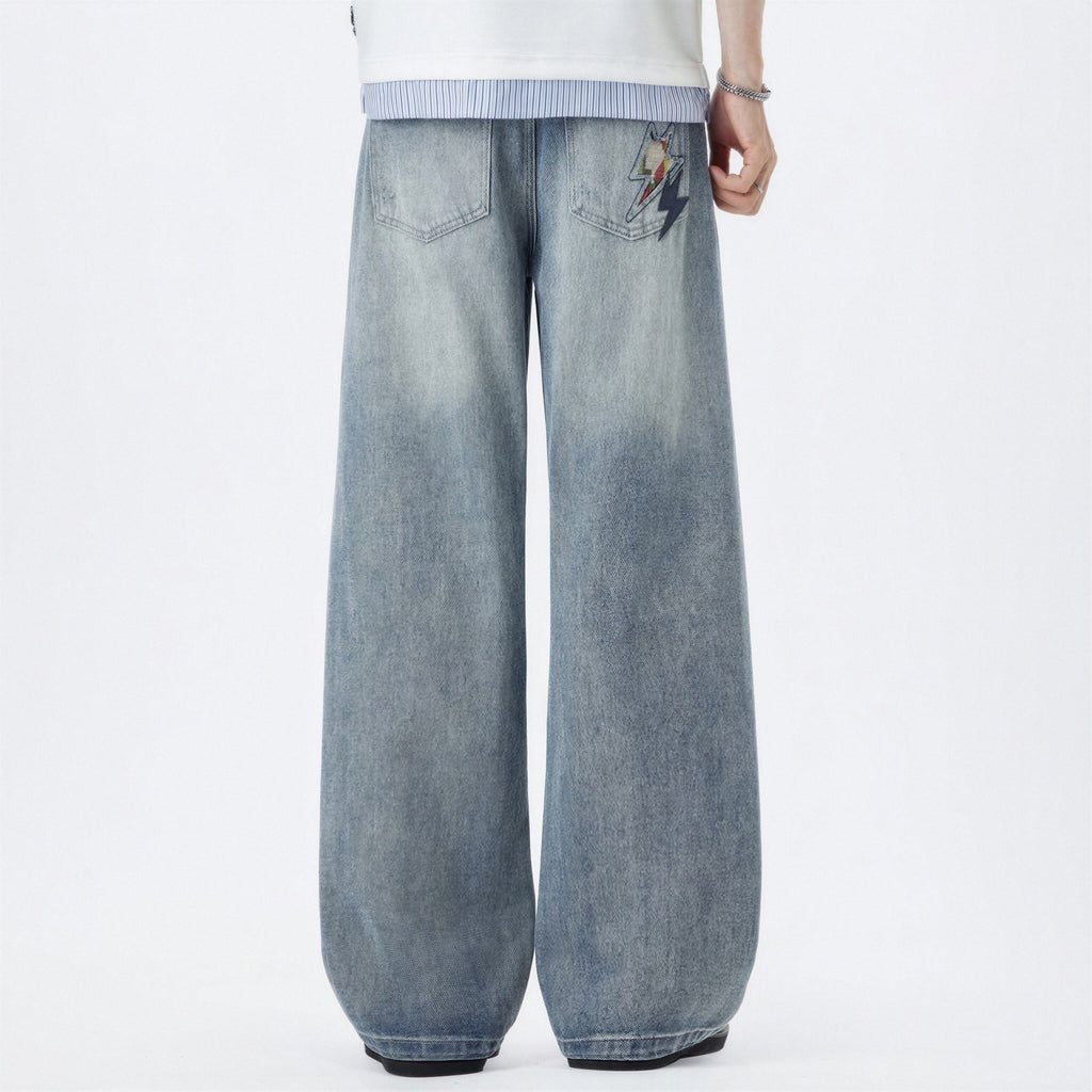 Men's Spring Light Blue Ripped Lightning Patch Jeans