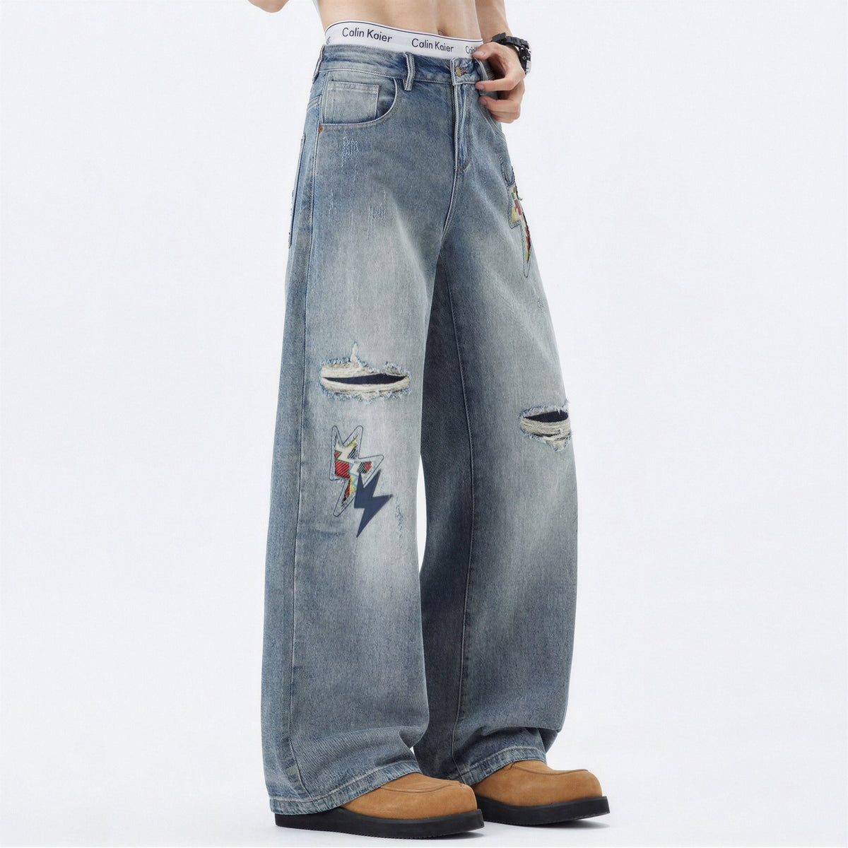 Men's Spring Light Blue Ripped Lightning Patch Jeans