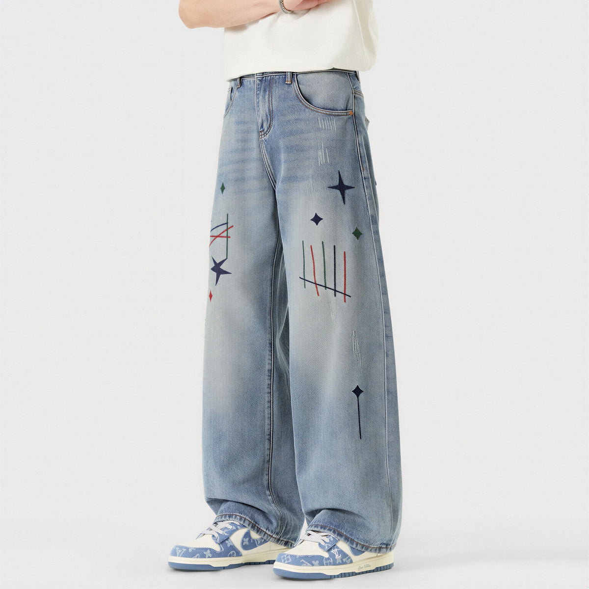Men's Spring Light Blue Graffiti Embroidered Wide Leg Jeans