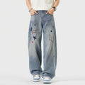 Men's Spring Light Blue Graffiti Embroidered Wide Leg Jeans