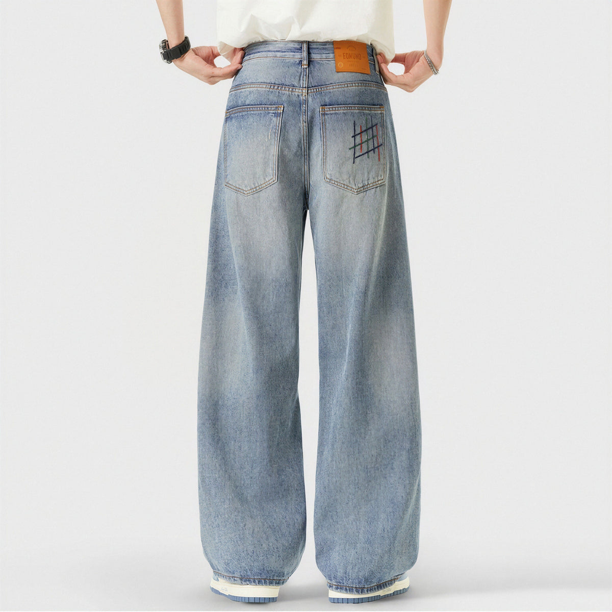 Men's Spring Light Blue Graffiti Embroidered Wide Leg Jeans