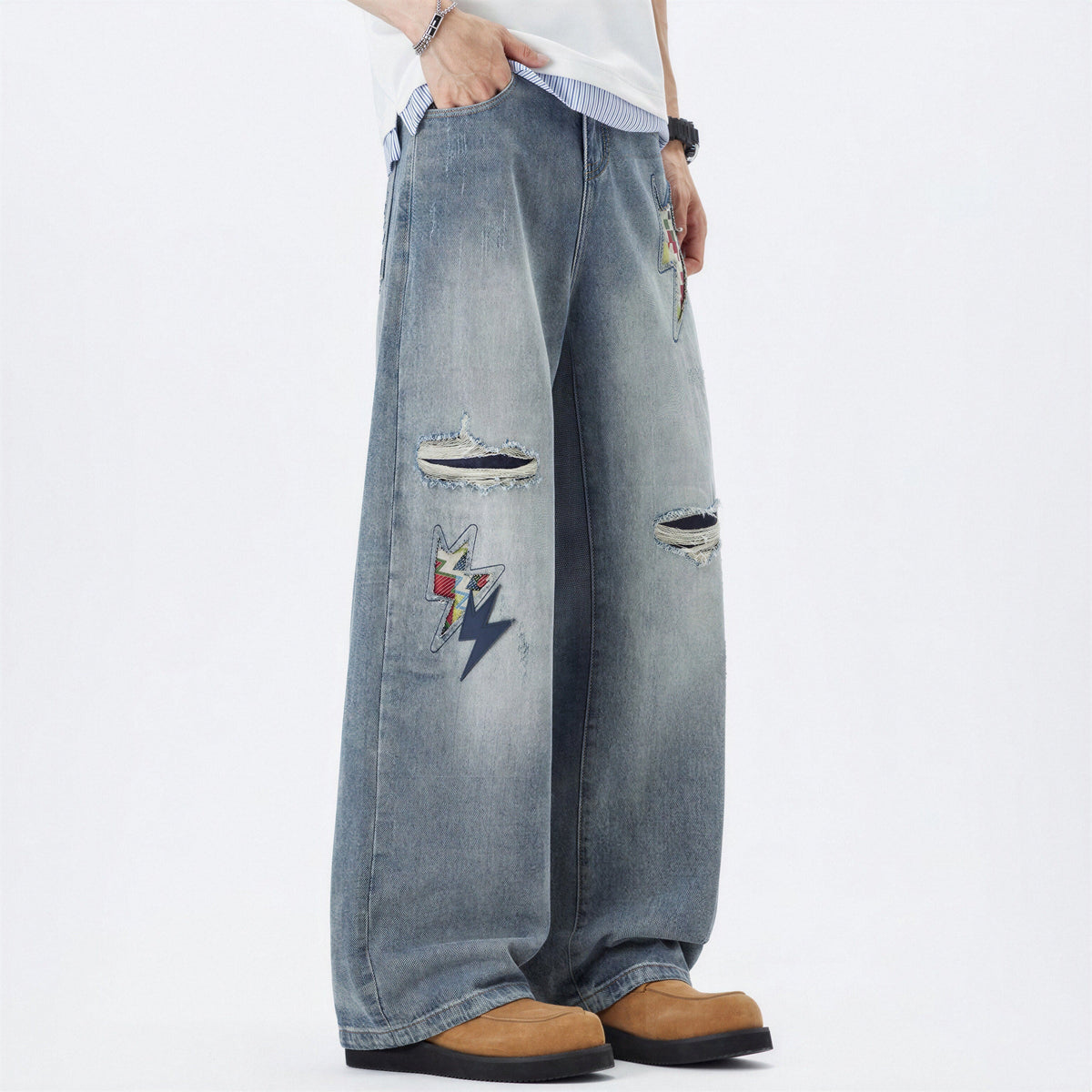 Men's Spring Light Blue Ripped Lightning Patch Jeans