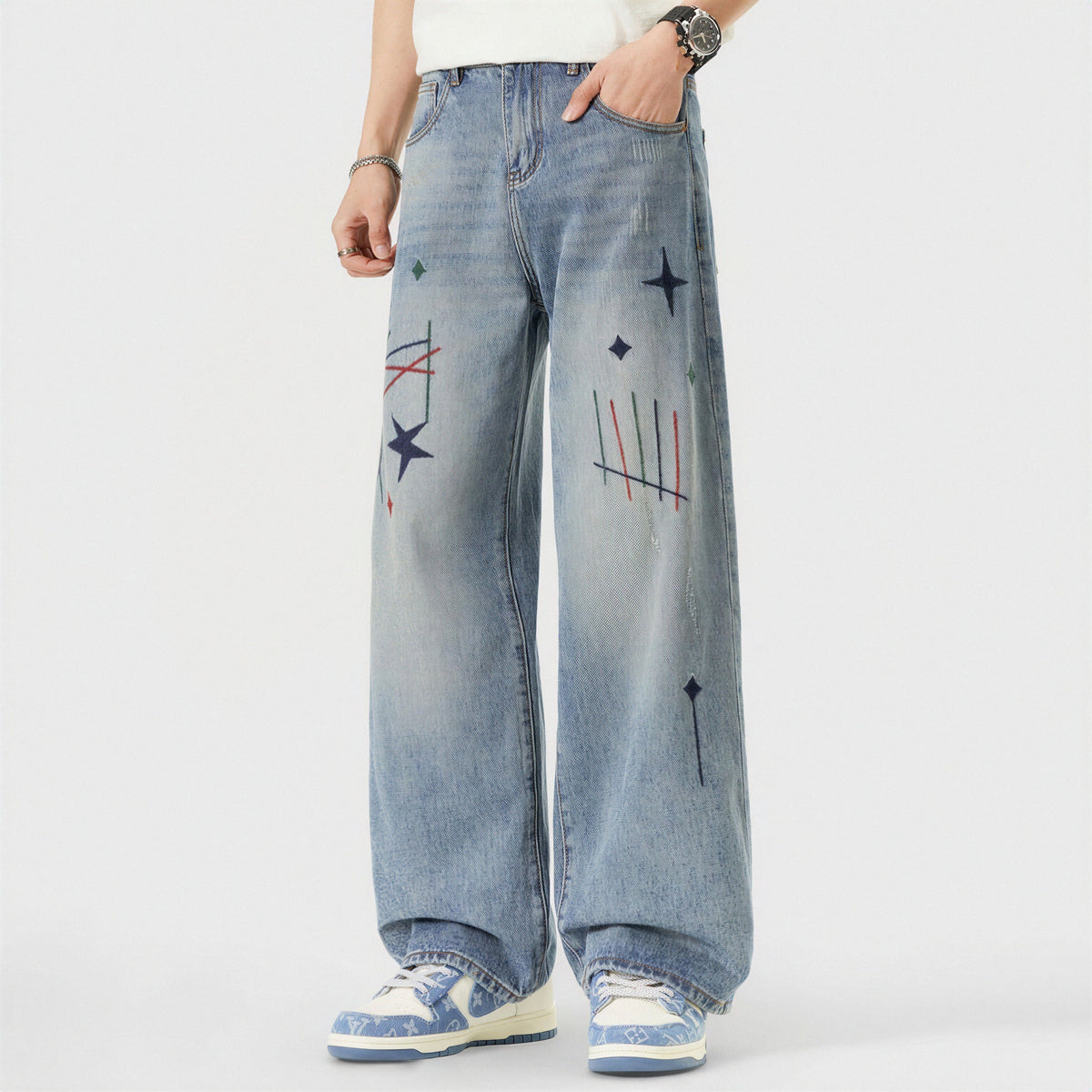 Men's Spring Light Blue Graffiti Embroidered Wide Leg Jeans