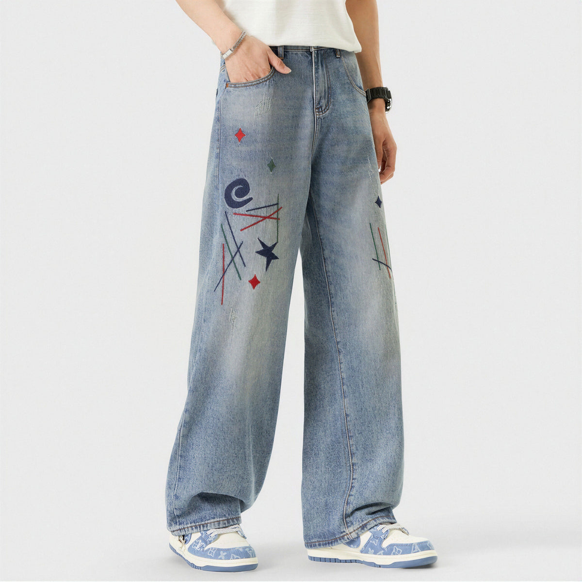 Men's Spring Light Blue Graffiti Embroidered Wide Leg Jeans