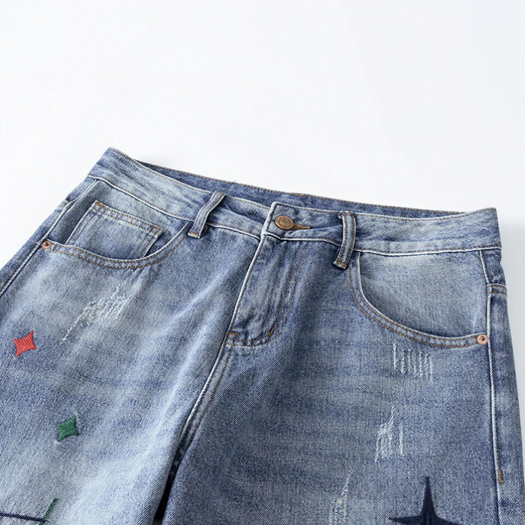 Men's Spring Light Blue Graffiti Embroidered Wide Leg Jeans