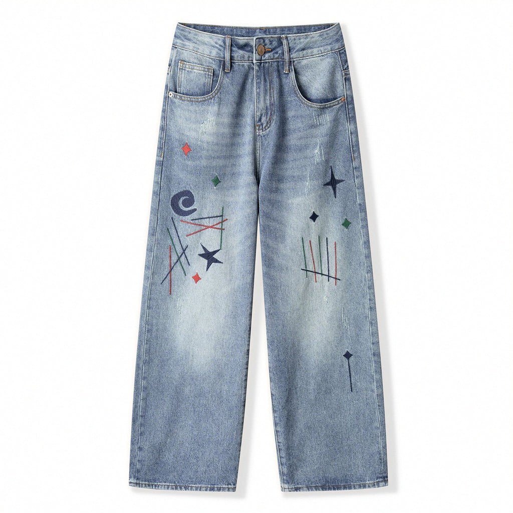 Men's Spring Light Blue Graffiti Embroidered Wide Leg Jeans