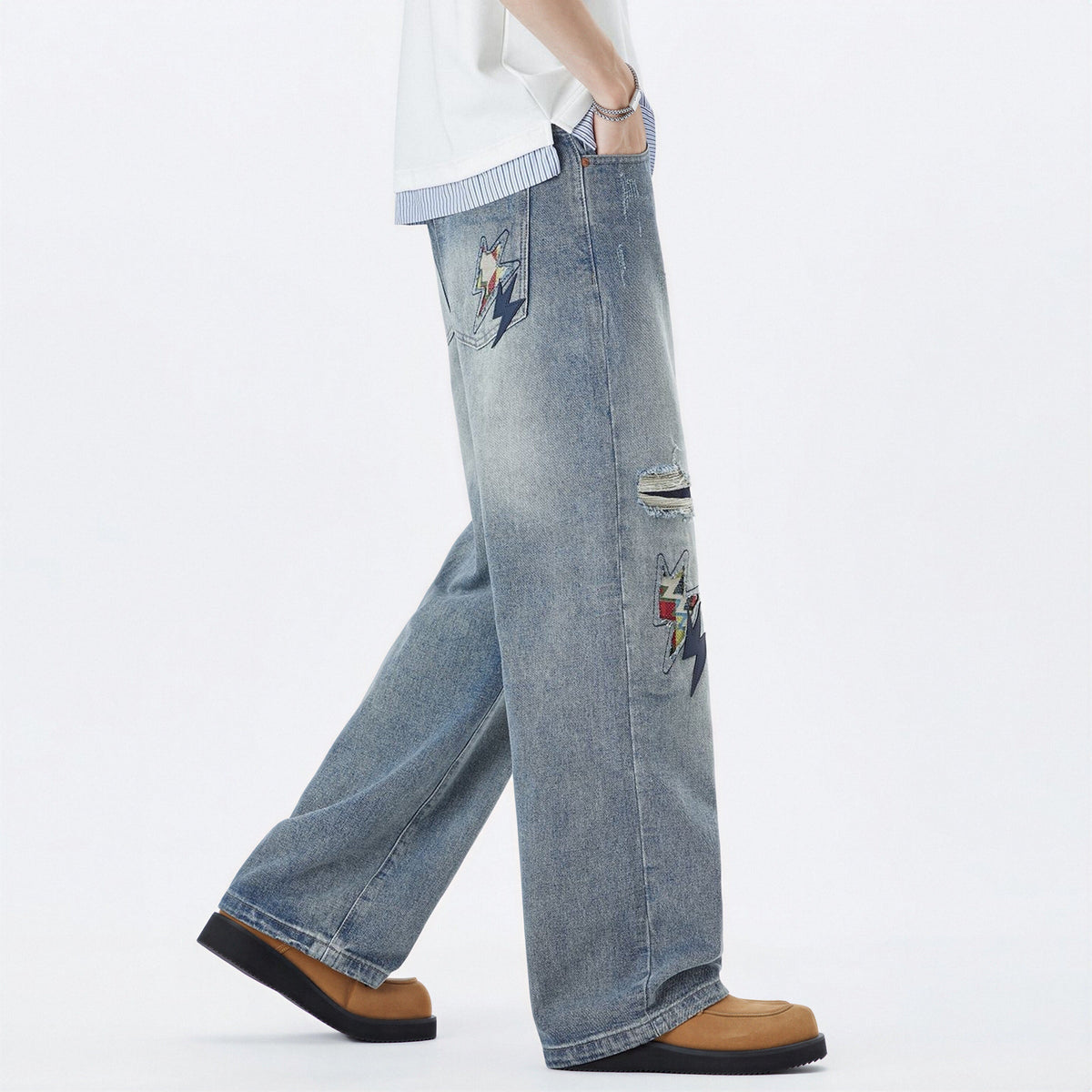 Men's Spring Light Blue Ripped Lightning Patch Jeans