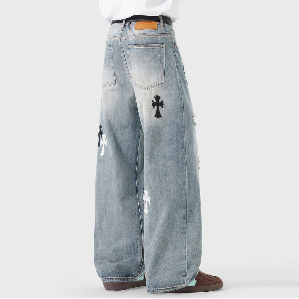 Men's Spring Light Blue Ripped Cross Patch Denim Jeans