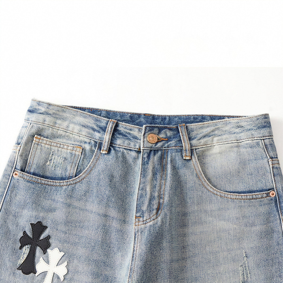 Men's Spring Light Blue Ripped Cross Patch Denim Jeans