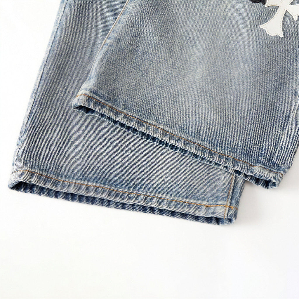 Men's Spring Light Blue Ripped Cross Patch Denim Jeans