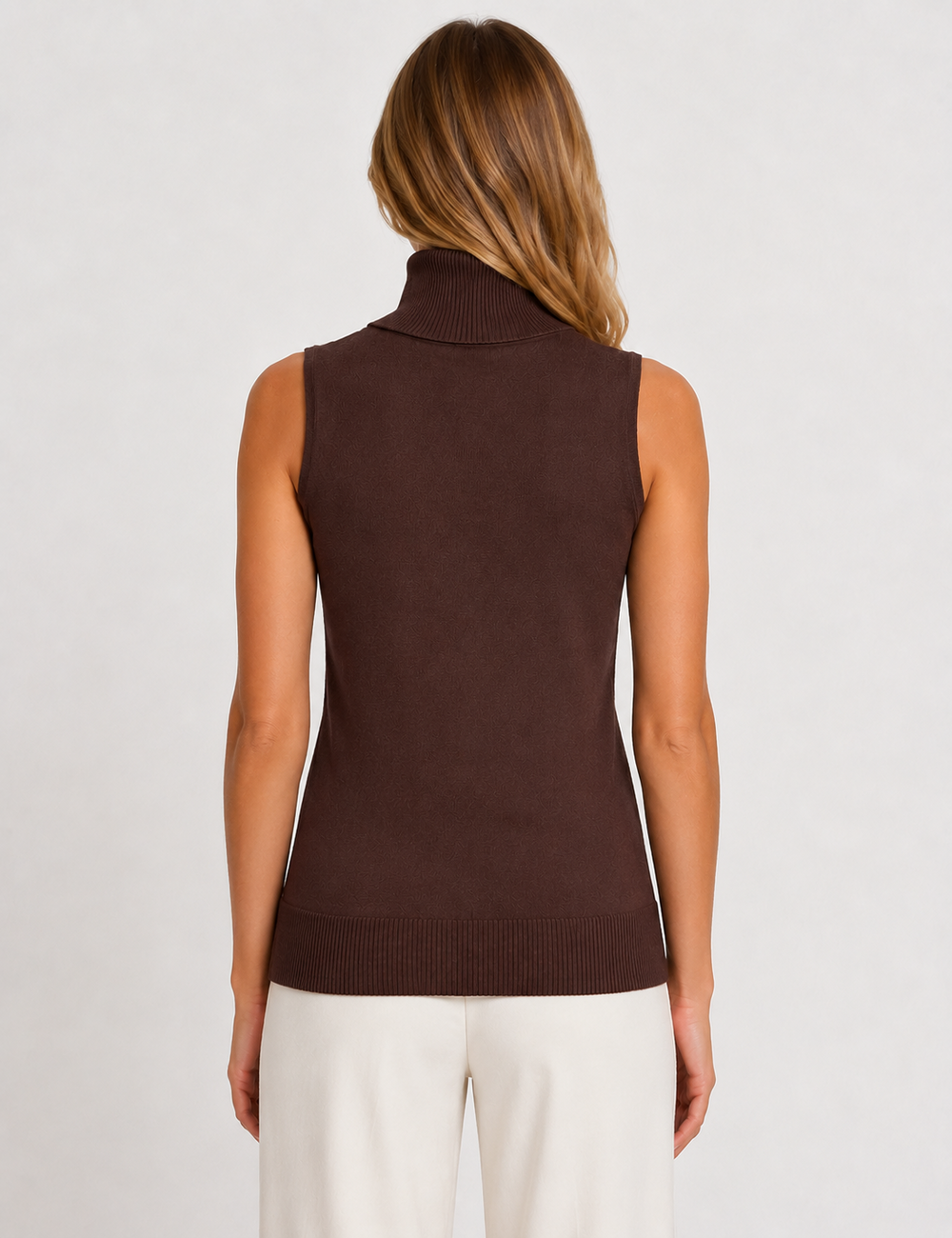 Ladies Knit Turtleneck Ribbed Hem Sleeveless Pullover Top