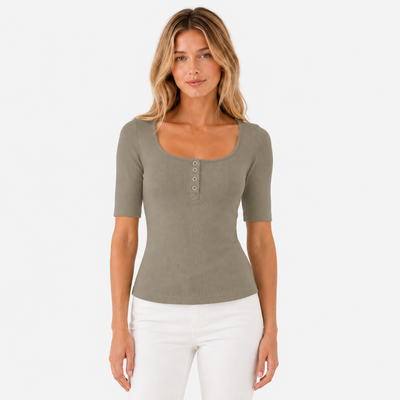 Ladies Scoop Neck Button Short Sleeve Top