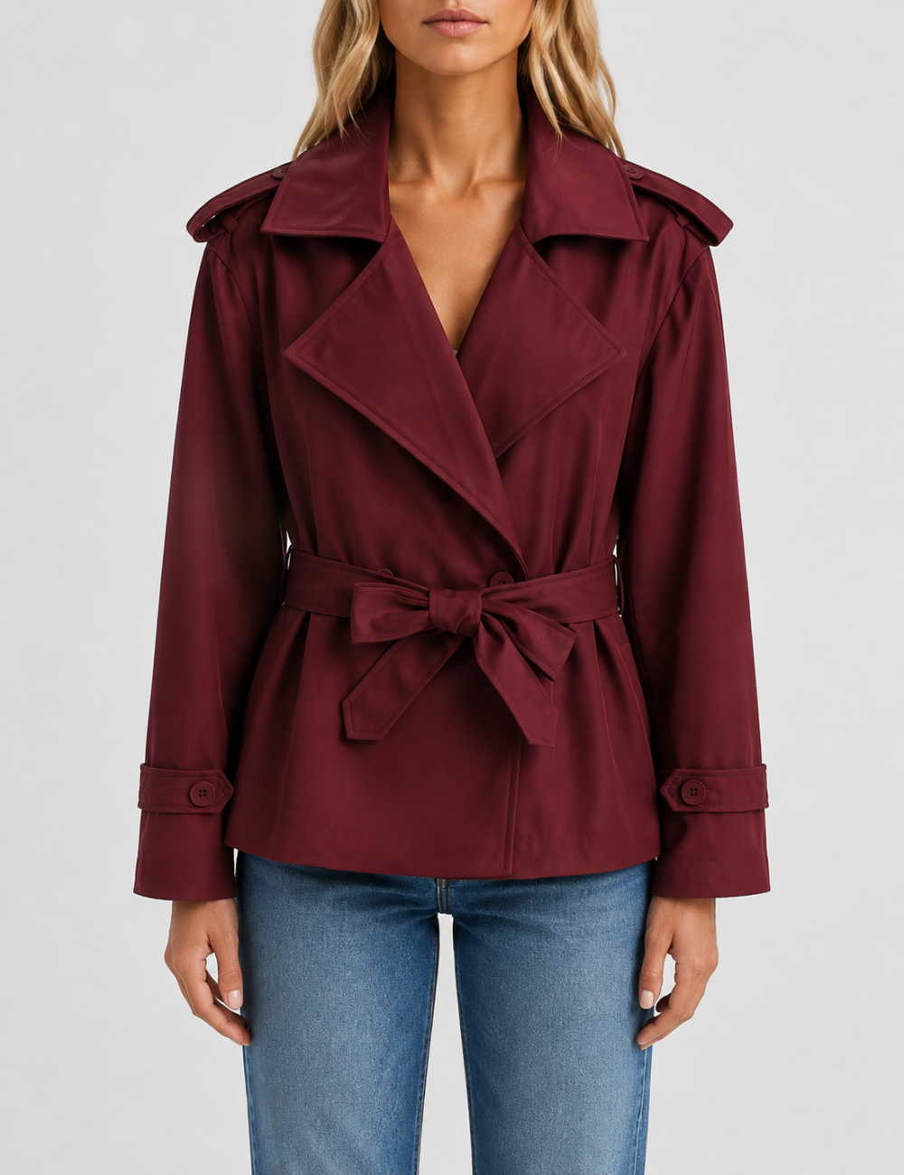 Ladies Lapel Collar Belted Short Trench Coat