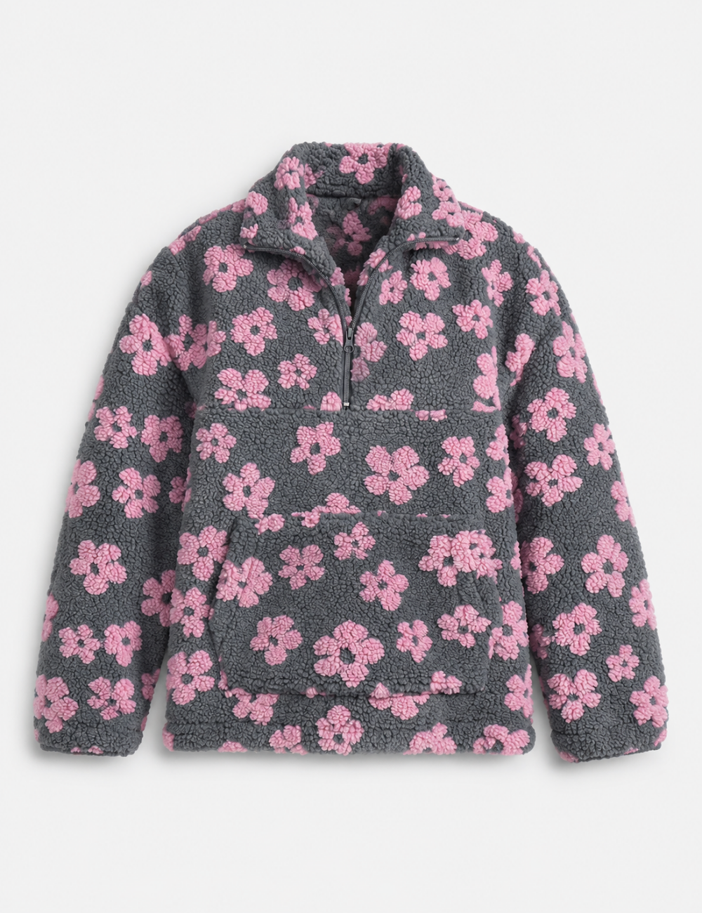 Ladies Casual Floral Pattern Zipper Front Fleece Pullover Sweatshirt