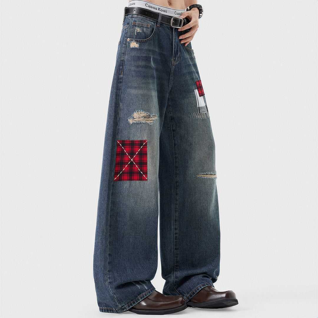 Men's Spring Ripped Plaid Patch Wide Leg Denim Jeans