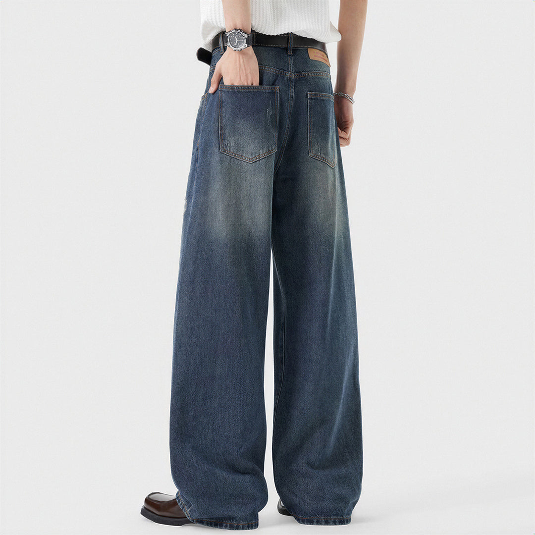 Men's Spring Ripped Plaid Patch Wide Leg Denim Jeans