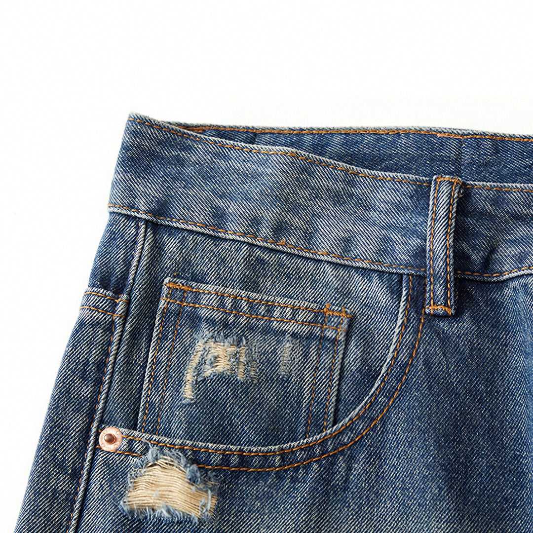 Men's Spring Ripped Plaid Patch Wide Leg Denim Jeans
