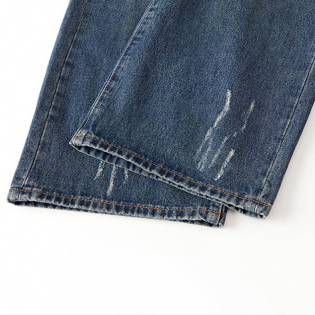 Men's Spring Ripped Plaid Patch Wide Leg Denim Jeans