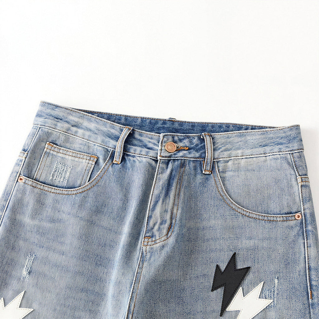 Men's Spring Light Blue Ripped Lightning Patch Jeans