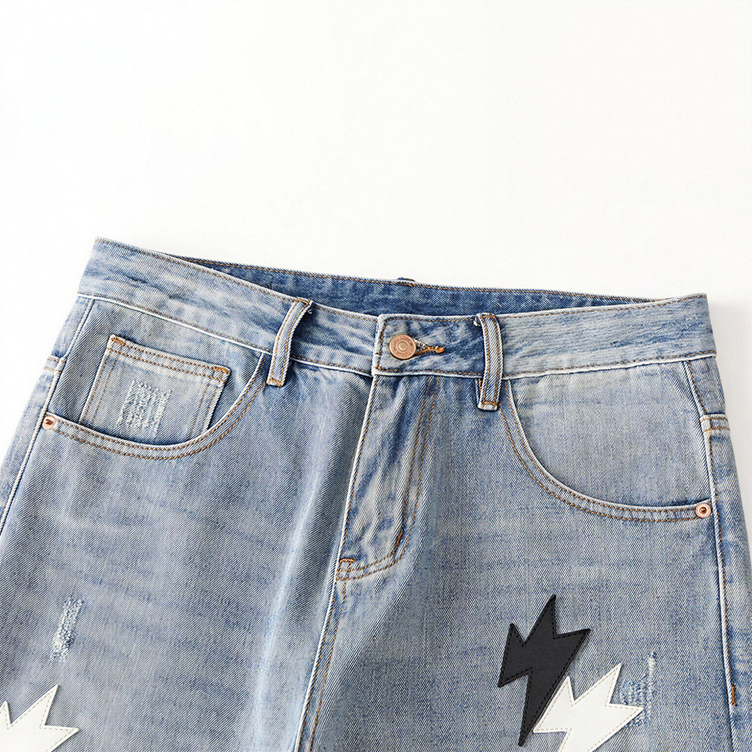 Men's Spring Light Blue Ripped Lightning Patch Jeans