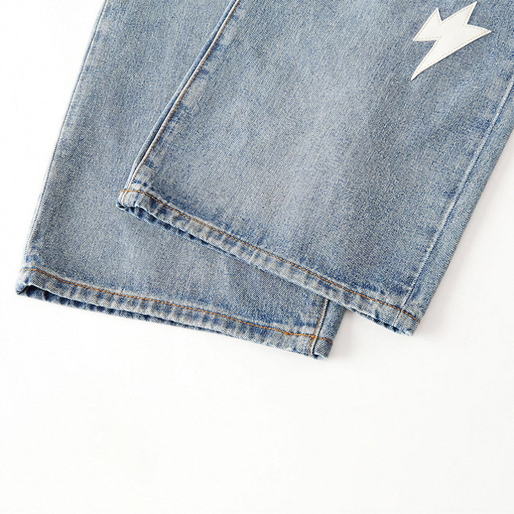 Men's Spring Light Blue Ripped Lightning Patch Jeans