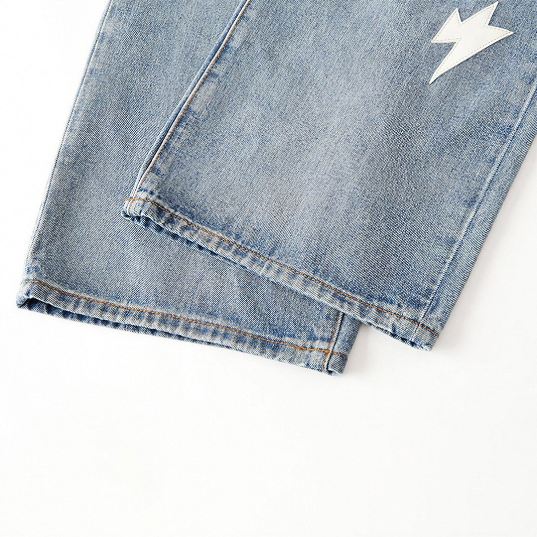 Men's Spring Light Blue Ripped Lightning Patch Jeans