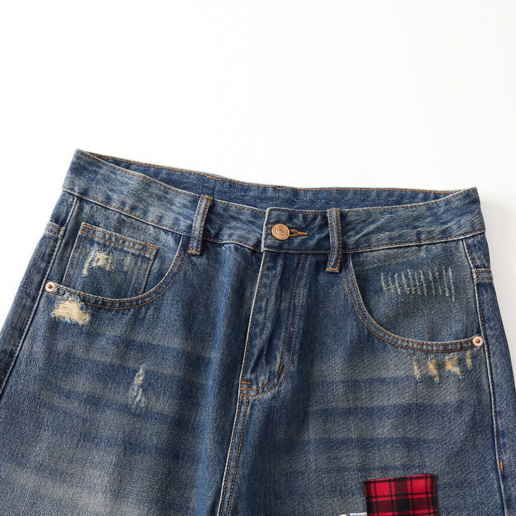 Men's Spring Ripped Plaid Patch Wide Leg Denim Jeans