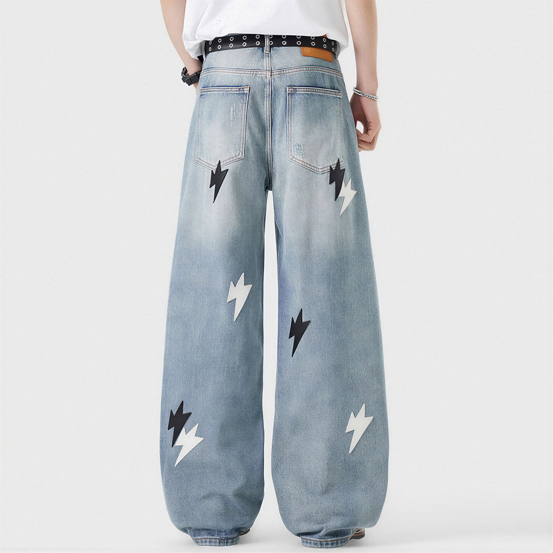 Men's Spring Light Blue Ripped Lightning Patch Jeans