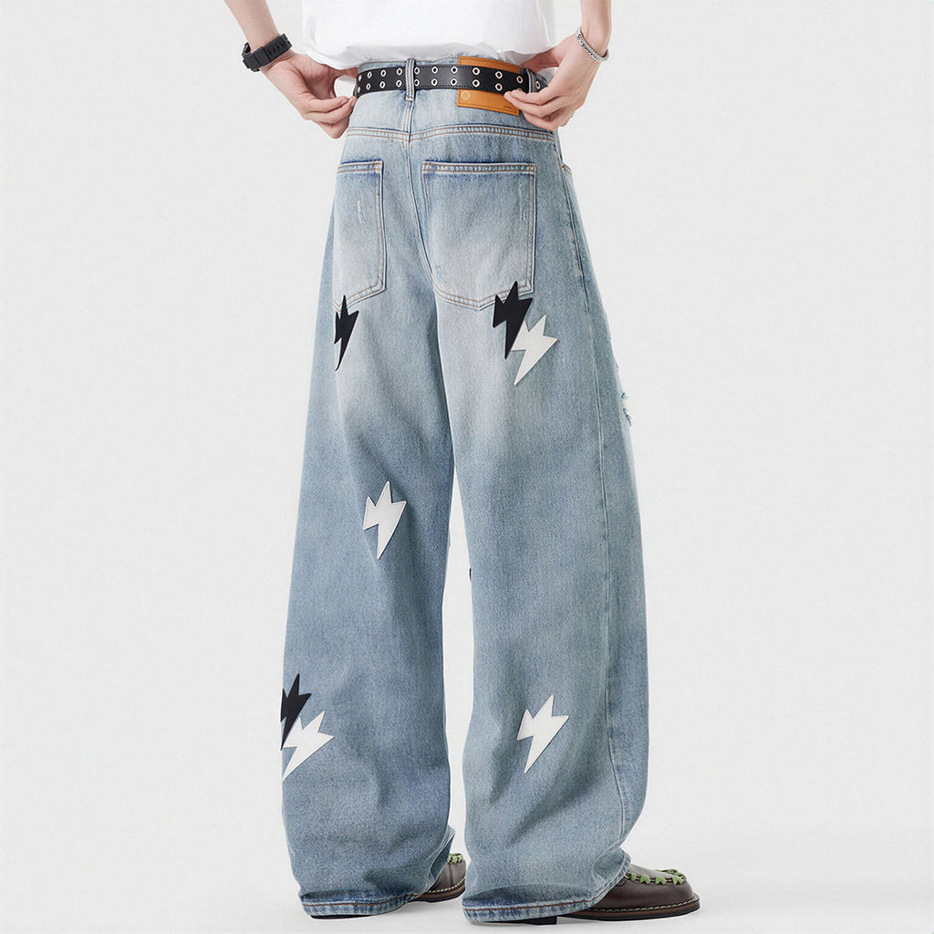 Men's Spring Light Blue Ripped Lightning Patch Jeans