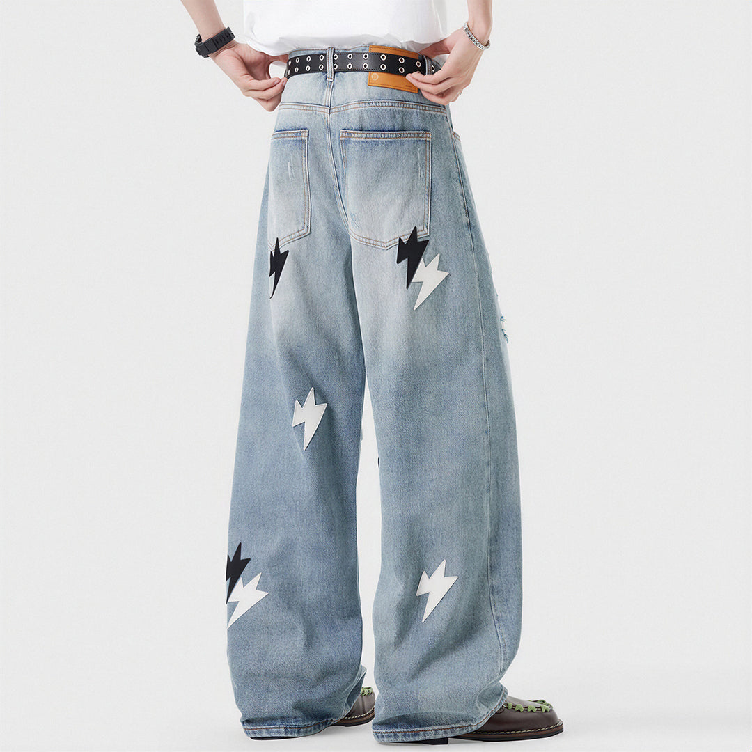 Men's Spring Light Blue Ripped Lightning Patch Jeans