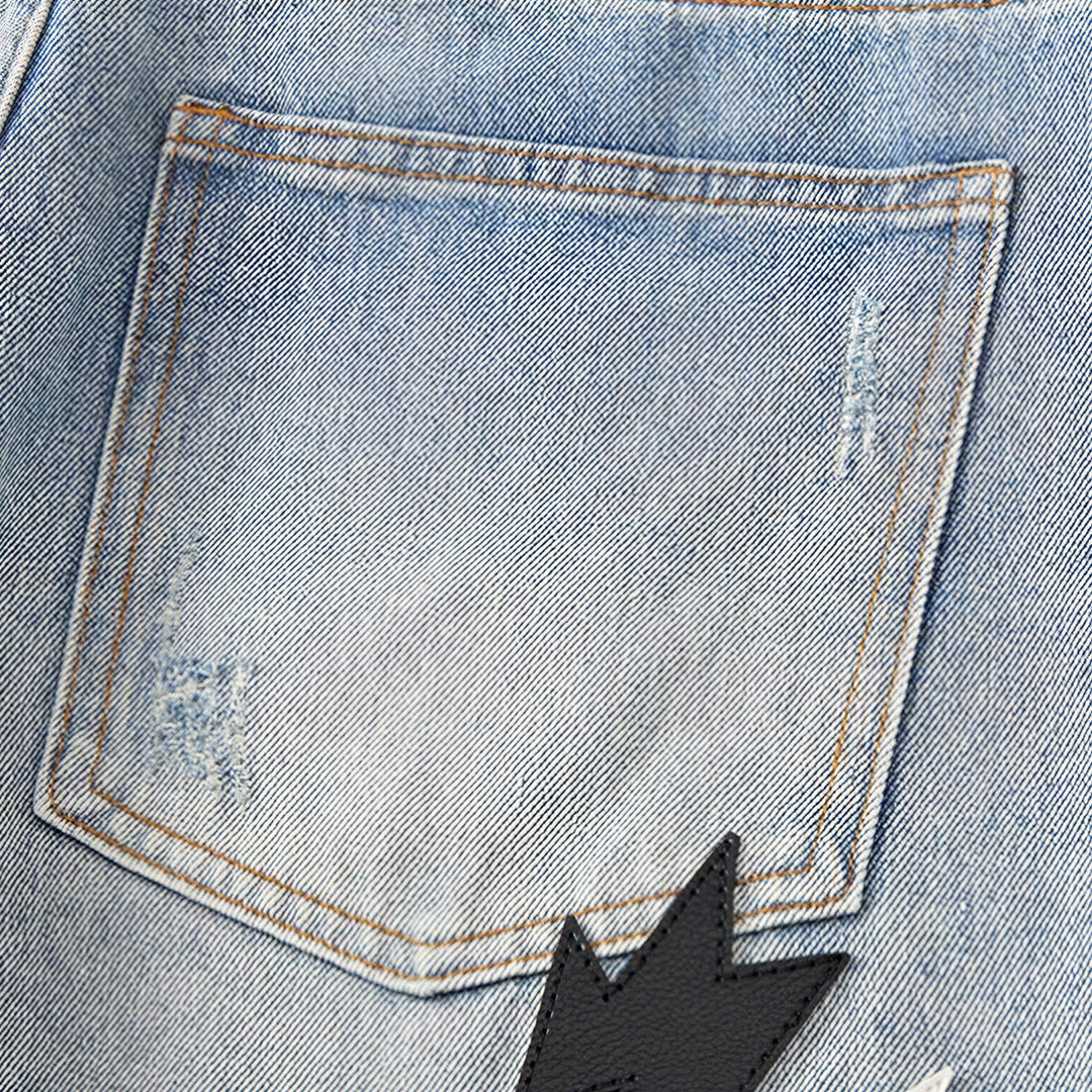 Men's Spring Light Blue Ripped Lightning Patch Jeans