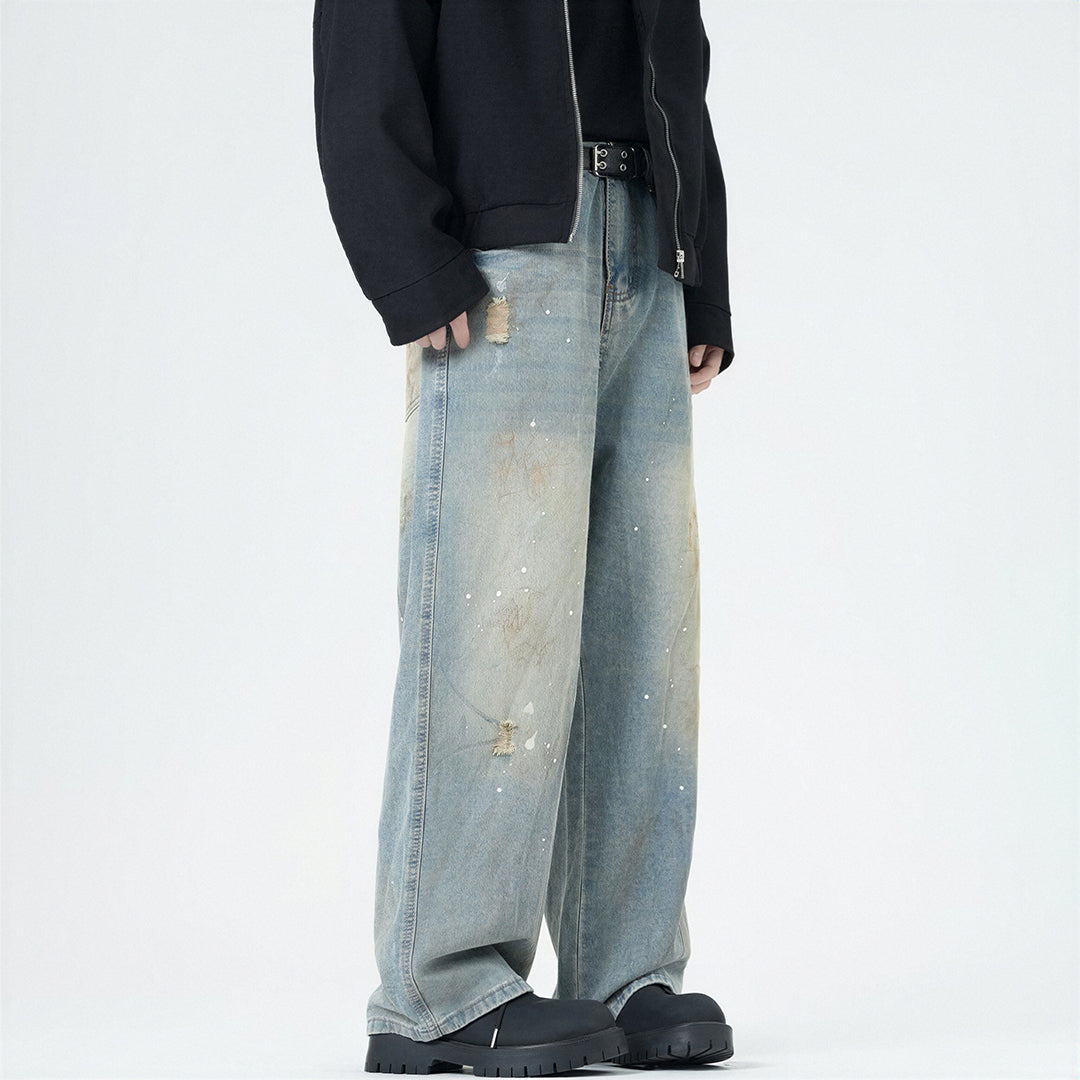 Men's Spring Washed Splatter Paint Straight Leg Jeans