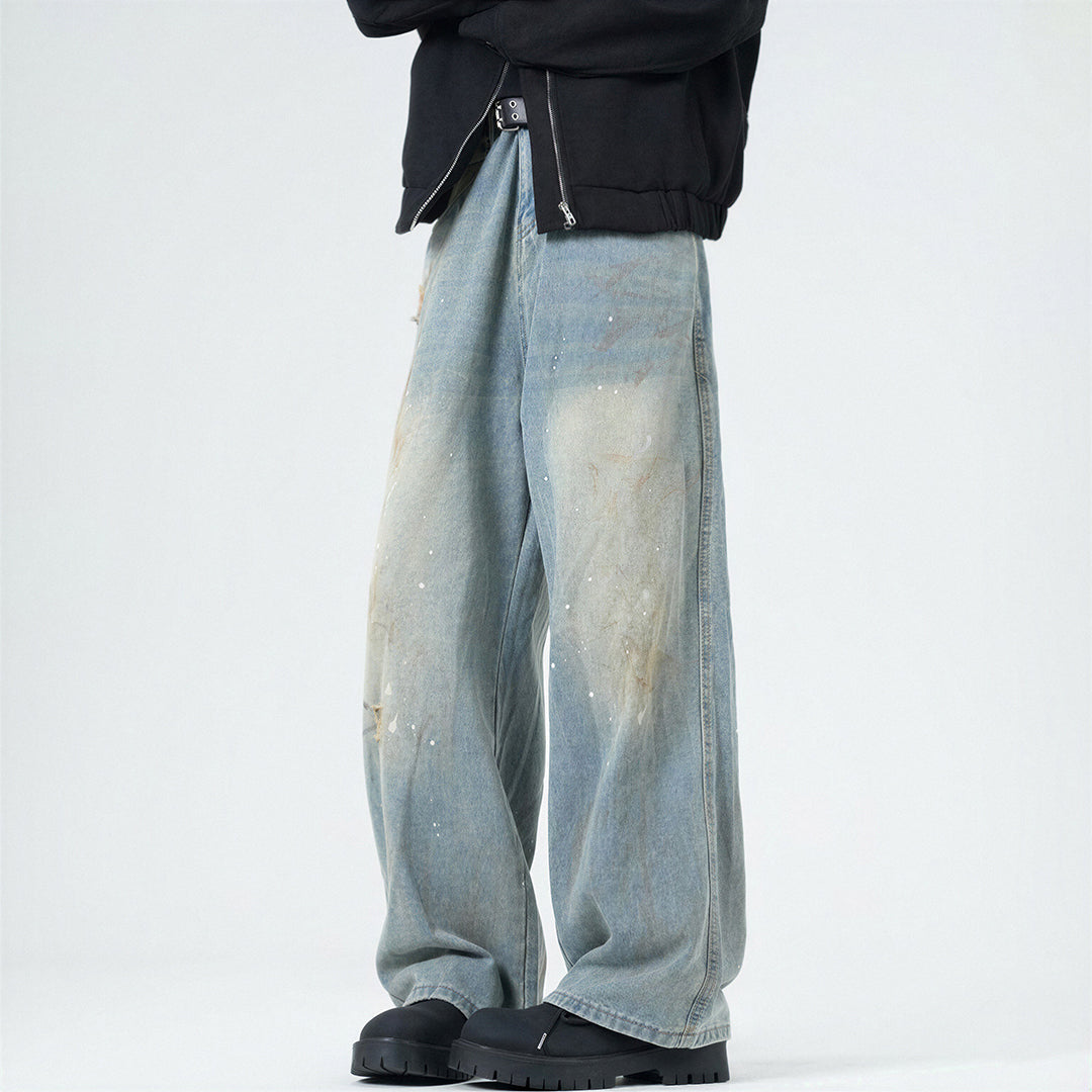 Men's Spring Washed Splatter Paint Straight Leg Jeans