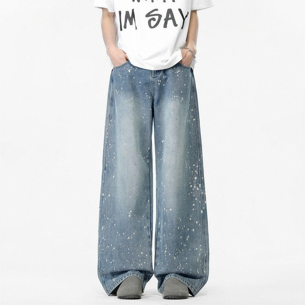 Men's Light Blue Splatter Dot Wide Leg Denim Jeans