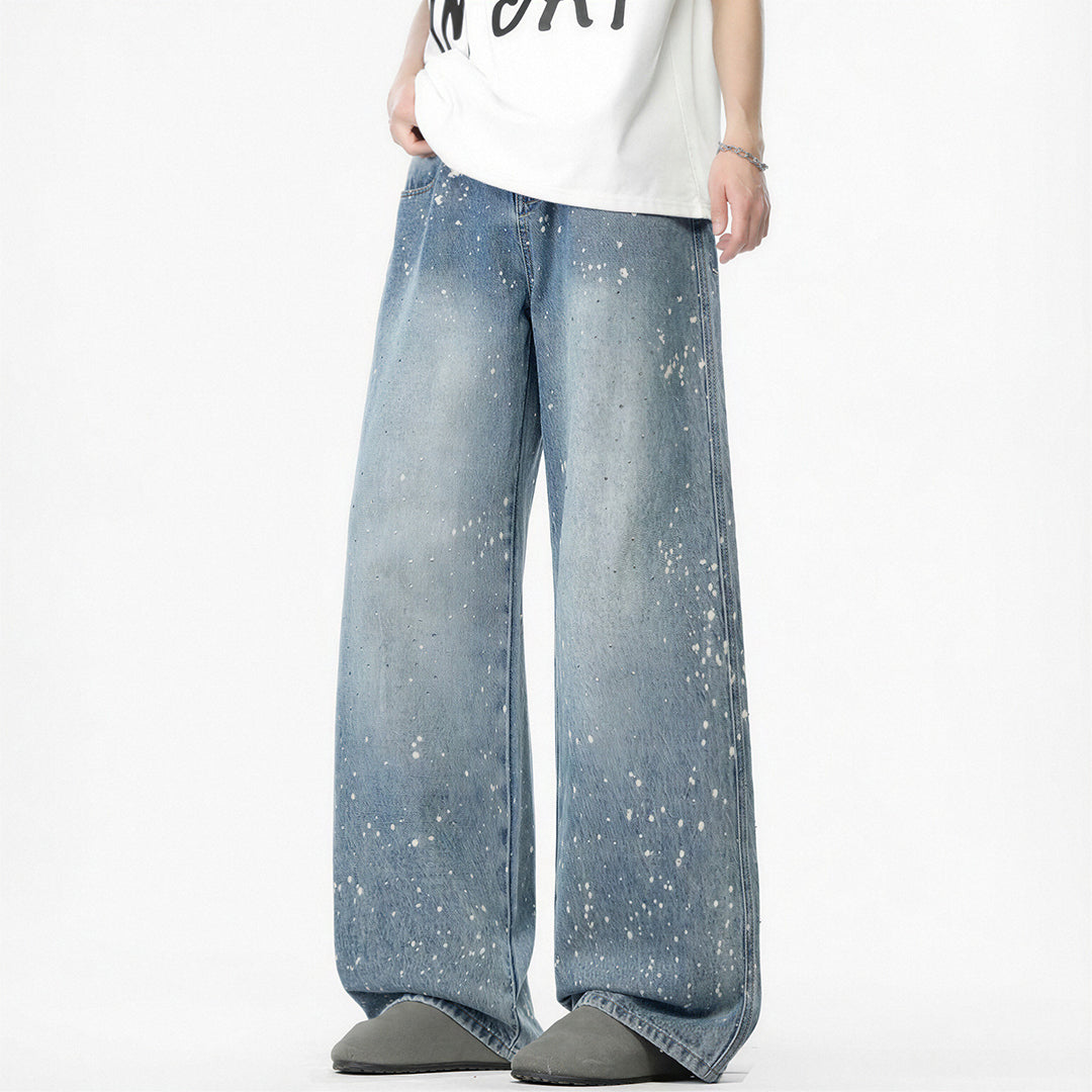 Men's Light Blue Splatter Dot Wide Leg Denim Jeans