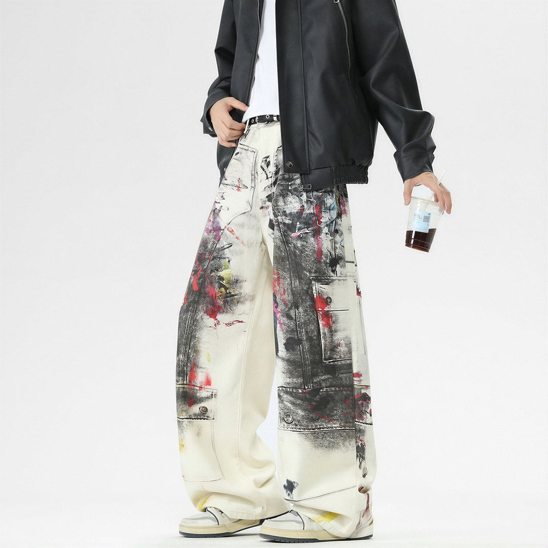 Men's Spring Graffiti Cargo Wide Leg Denim Jeans