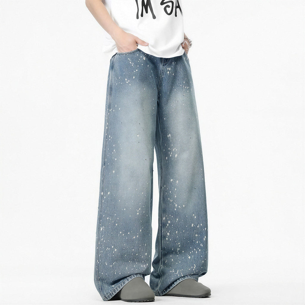 Men's Light Blue Splatter Dot Wide Leg Denim Jeans