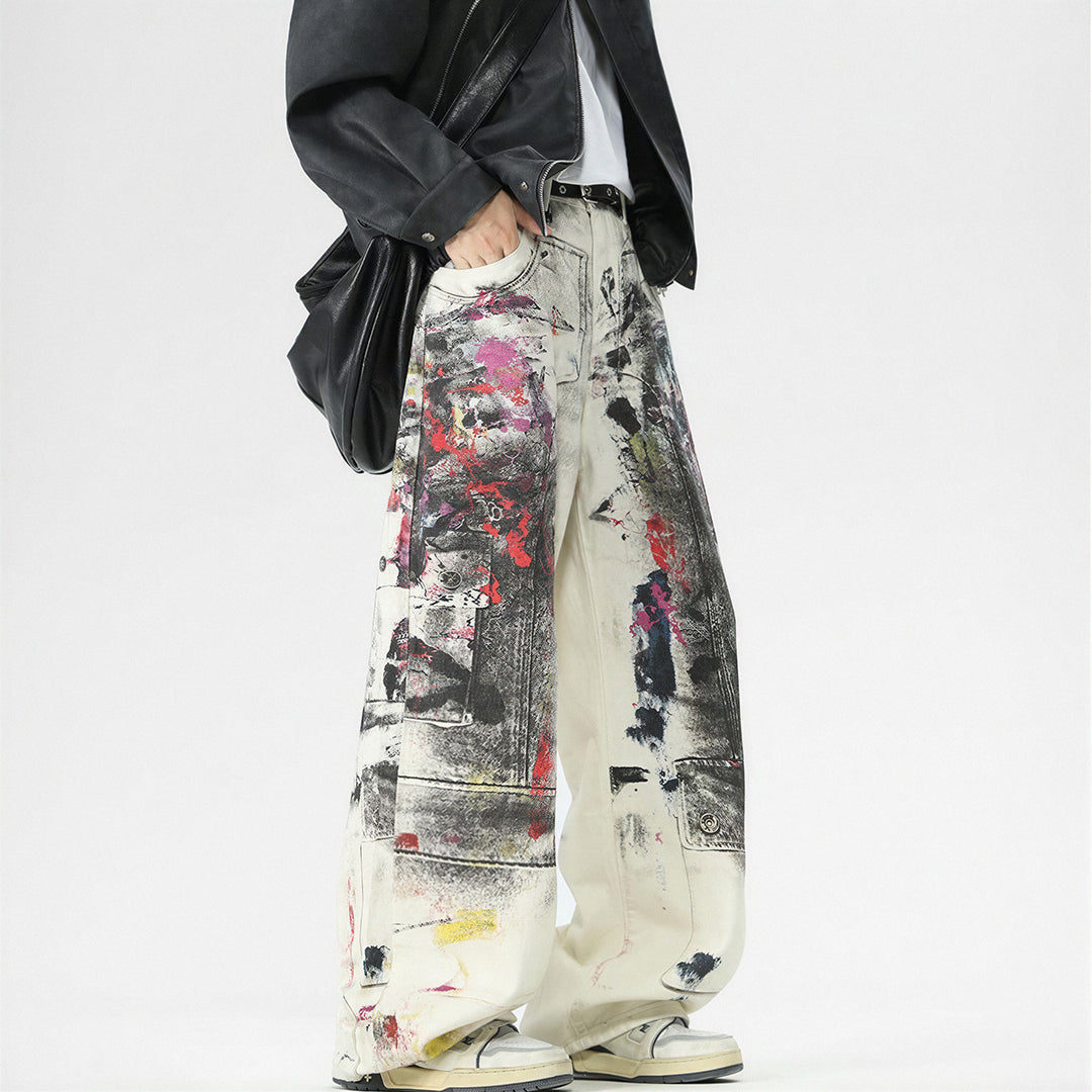 Men's Spring Graffiti Cargo Wide Leg Denim Jeans