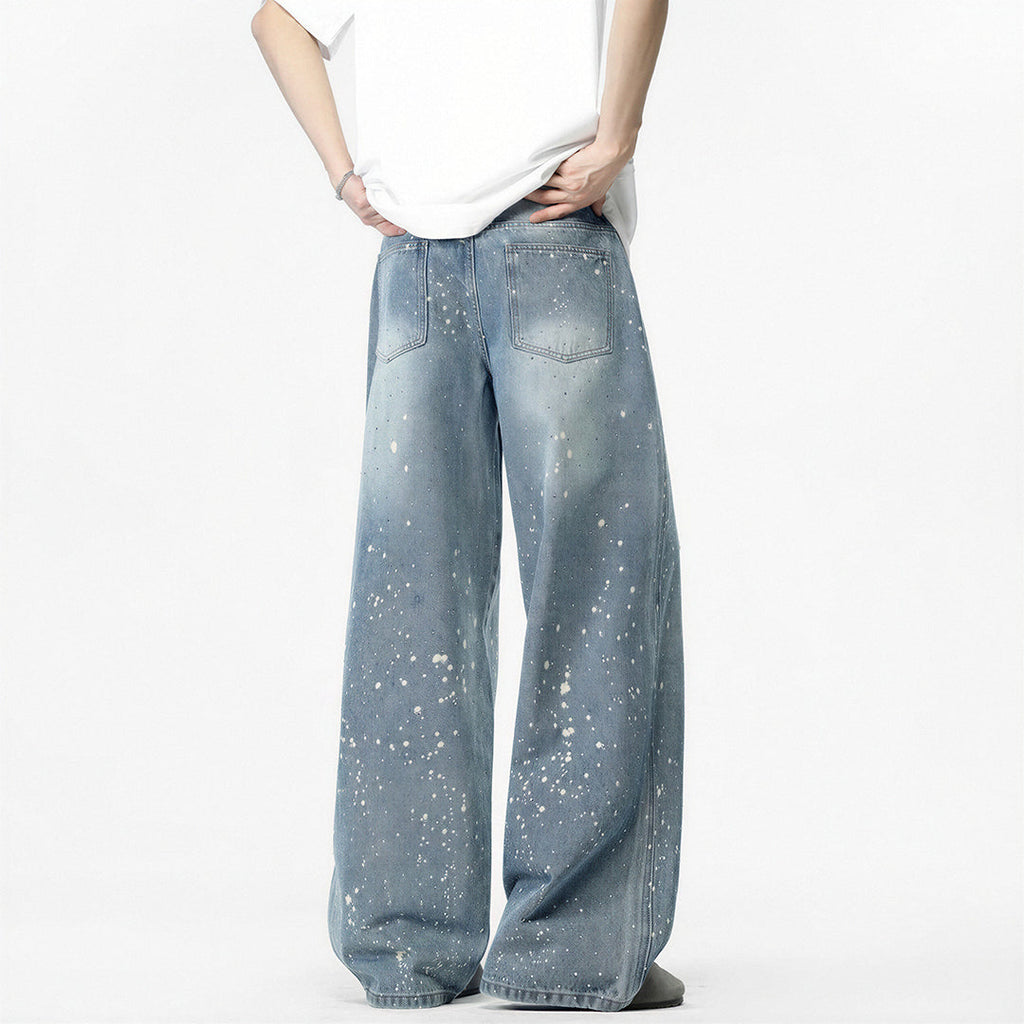 Men's Light Blue Splatter Dot Wide Leg Denim Jeans